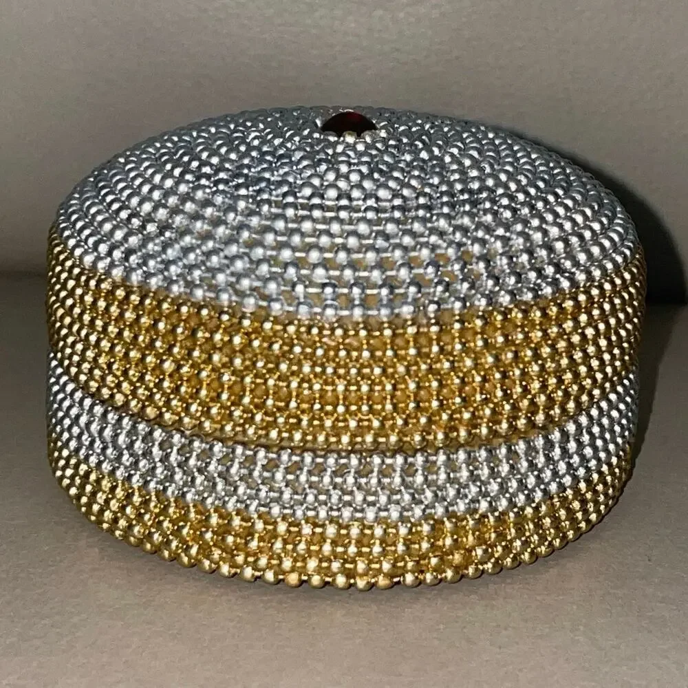 Vintage 1980s Beaded Round Trinket Box 2.75